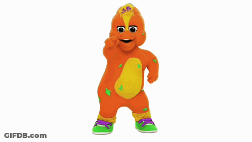 A Stuffed Animal With A Yellow And Orange Body And Green Shoes GIF