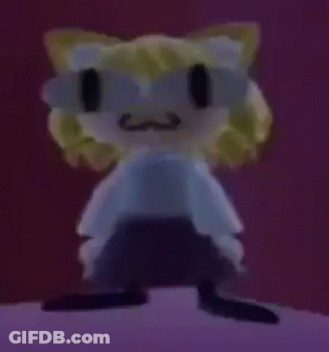 A Stuffed Animal With Blonde Hair And Blue Eyes Is Standing On A Purple Surface . GIF