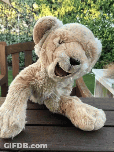A Stuffed Animal With Its Mouth Open Is Sitting On A Table GIF