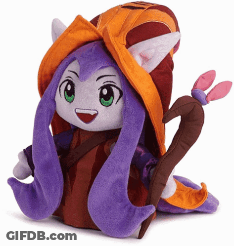 A Stuffed Animal With Long Purple Hair And A Hood GIF