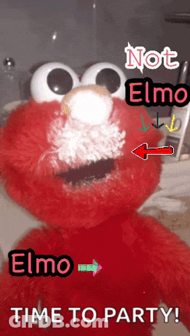 A Stuffed Animal With The Words " Not Elmo " And " Time To Party " GIF
