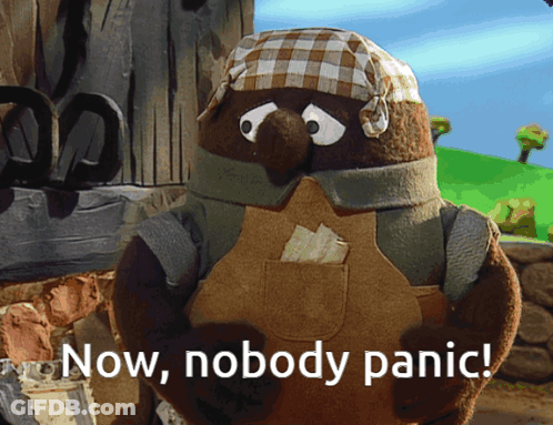 A Stuffed Animal With The Words Now Nobody Panic Written On It GIF