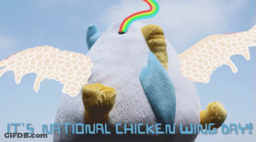 A Stuffed Animal With Wings And The Words " It 'S National Chicken Wing Day " Below It GIF