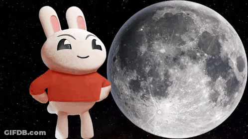 A Stuffed Bunny Standing Next To A Full Moon In Space GIF