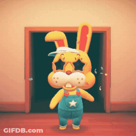 A Stuffed Bunny Wearing Overalls And A Hat Is Standing In Front Of A Door GIF