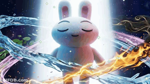 A Stuffed Bunny With Its Eyes Closed Is Surrounded By Fire And Water GIF