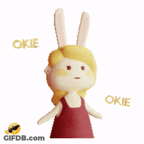 A Stuffed Bunny With The Word Okie Behind Her GIF