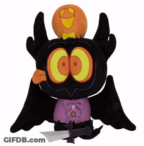 A Stuffed Cartoon Character With A Knife And A Pumpkin On His Head GIF