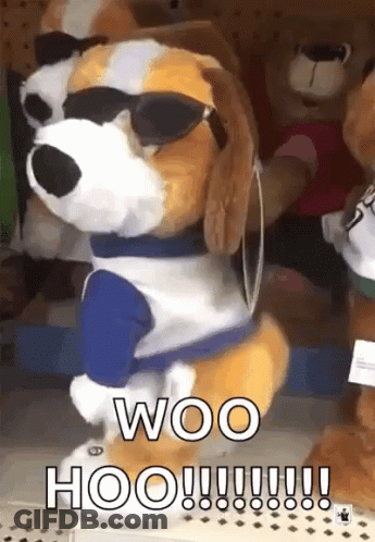 A Stuffed Dog Wearing Sunglasses And A Blue Shirt Says Woo Hoo ! GIF