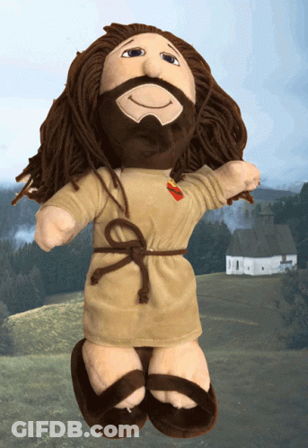 A Stuffed Doll Of Jesus Is Standing In Front Of A Field GIF