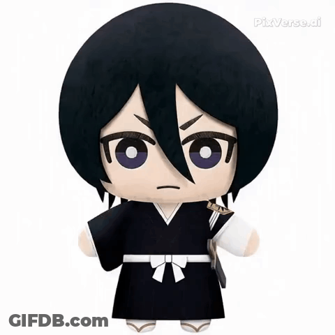 A Stuffed Doll Of Rukia From Bleach With A Sword In His Hand . GIF