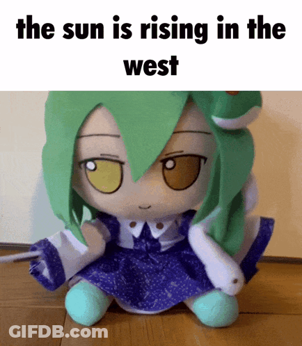 A Stuffed Doll With Green Hair And The Words The Sun Is Rising In The West On Top GIF