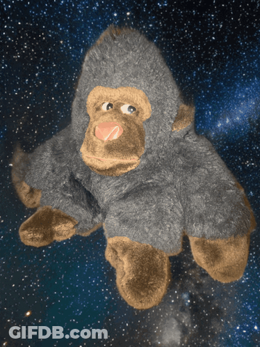A Stuffed Gorilla Is Floating In The Air With A Starry Sky In The Background GIF