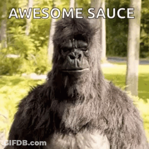 A Stuffed Gorilla Is Standing In The Woods With The Words `` Awesome Sauce '' Written On The Bottom . GIF