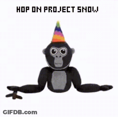 A Stuffed Gorilla Wearing A Party Hat With The Words `` Hop On Project Show '' Written Above It . GIF