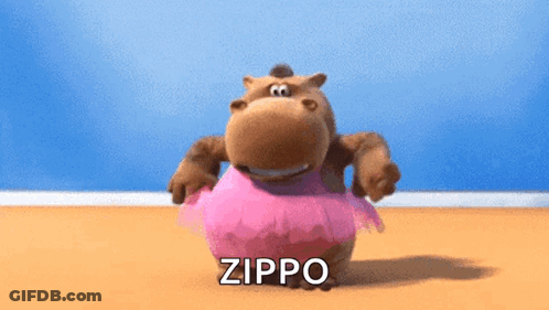 A Stuffed Hippo Is Wearing A Pink Tutu And The Word Zippo Is On The Bottom GIF