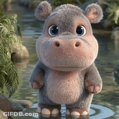 A Stuffed Hippopotamus Is Standing In A Body Of Water GIF
