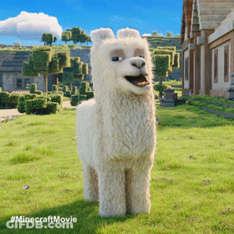 A Stuffed Llama Is Standing In A Grassy Field With A Minecraft Movie Written On The Bottom GIF