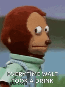 A Stuffed Monkey Is Standing In Front Of A Body Of Water And Says `` Every Time Walt Took A Drink '' . GIF