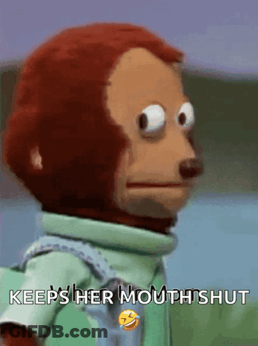 A Stuffed Monkey Says " Keeps Her Mouth Shut " With A Smiley Face GIF