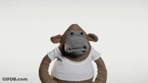 A Stuffed Monkey With Its Arms Outstretched Wearing A White T-Shirt GIF
