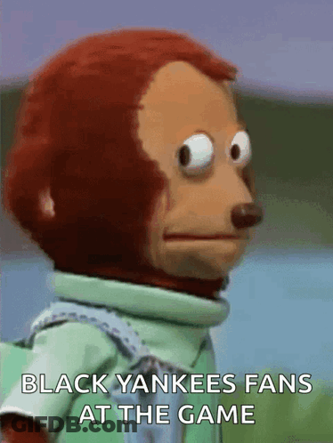 A Stuffed Monkey With The Words Black Yankees Fans At The Game Written On It 'S Face . GIF