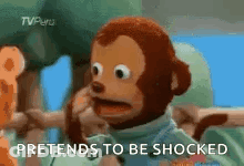 A Stuffed Monkey With The Words `` Pretends To Be Shocked '' On The Bottom . GIF