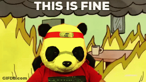A Stuffed Panda Bear Wearing A Red Shirt And A Headband That Says ' This Is Fine ' GIF