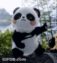 A Stuffed Panda Bear With Green Eyes Is Sitting On A Log GIF