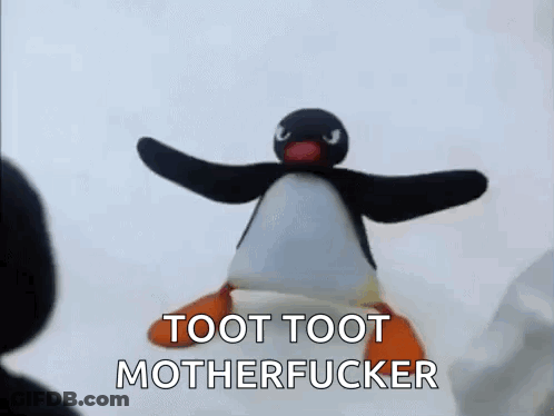 A Stuffed Penguin Is Flying Through The Air With The Words `` Toot Toot Motherfucker '' Written Below It . GIF