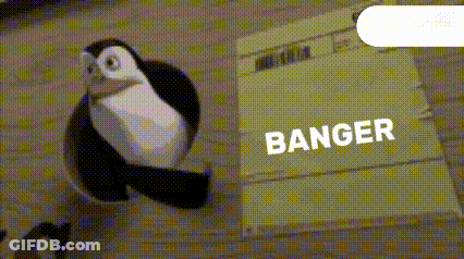 A Stuffed Penguin Is Sticking Its Head Out Of A Hole Next To A Green Envelope That Says Banger GIF