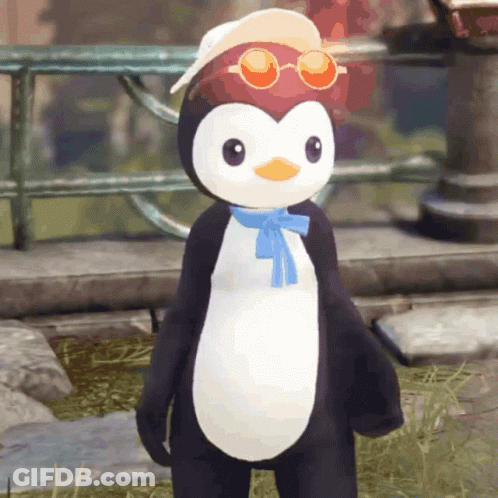 A Stuffed Penguin Wearing A Hat And Sunglasses Is Standing In The Grass GIF