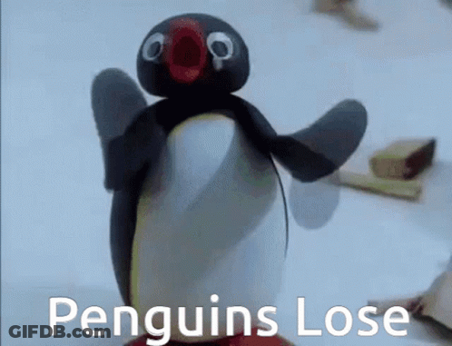 A Stuffed Penguin With The Words Penguins Lose On The Bottom GIF