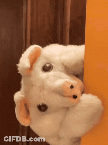 A Stuffed Pig Is Peeking Over A Door GIF