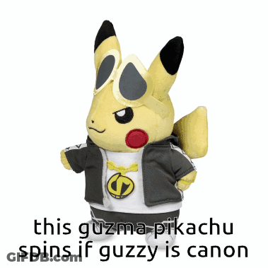 A Stuffed Pikachu Wearing Sunglasses And A Black Jacket Says This Guzma Pikachu Spins If Guzzy Is Canon GIF