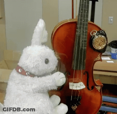 A Stuffed Rabbit Playing A Violin With A Clock Attached To It GIF