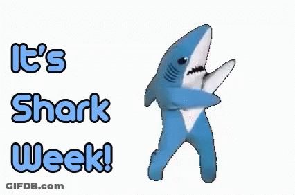A Stuffed Shark Is Dancing In Front Of The Words It 'S Shark Week ! GIF