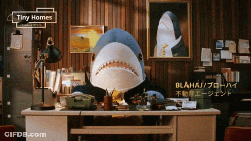 A Stuffed Shark Is Sitting At A Desk With Tiny Homes Written On The Top GIF