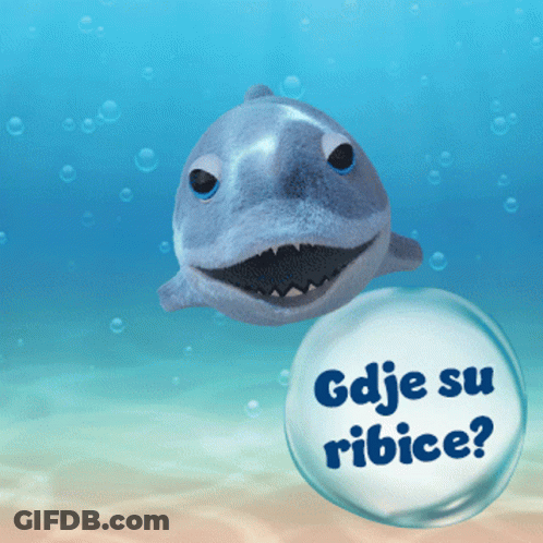 A Stuffed Shark With A Bubble That Says Gdje Su Ribice On It GIF