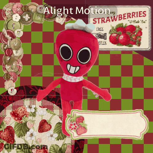 A Stuffed Strawberry With A Label That Says Alight Motion GIF