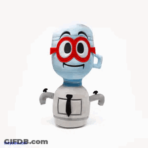 A Stuffed Toy Of A Water Bottle With Glasses And A Tie . GIF