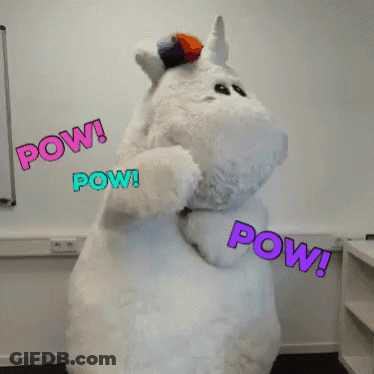 A Stuffed Unicorn Says Pow In Purple And Blue Letters GIF