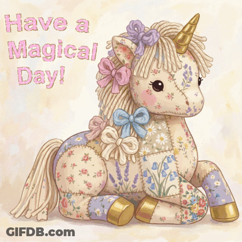 A Stuffed Unicorn With The Words Have A Magical Day GIF