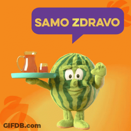 A Stuffed Watermelon Holding A Tray With A Pitcher And Two Glasses Of Juice On It GIF