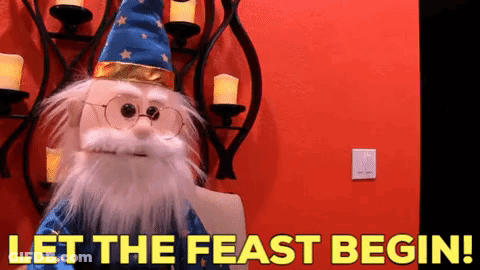 A Stuffed Wizard With Glasses And A Beard Says " Let The Feast Begin " GIF