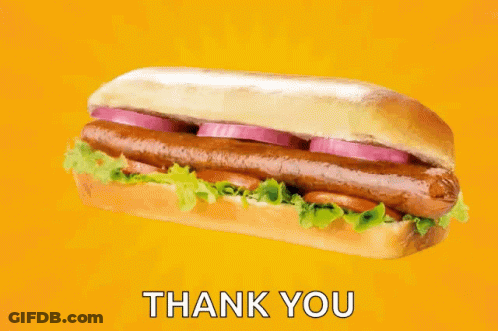 A Sub Sandwich With Tomatoes Lettuce And Onions On A Yellow Background With The Words Thank You Below It GIF