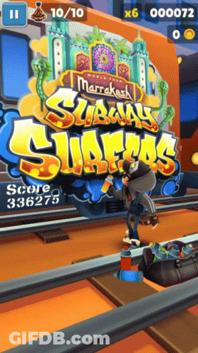 A Subway Surfers Game Is Being Played On A Phone GIF