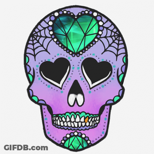 A Sugar Skull With Hearts In Its Eyes And A Green Heart On Top GIF