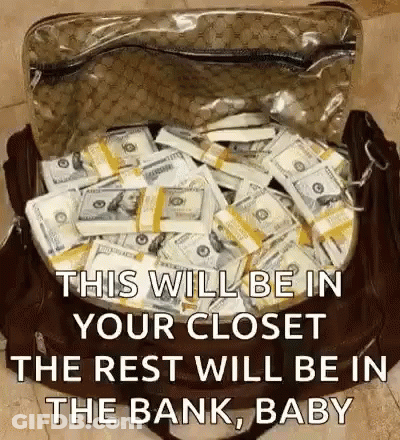 A Suitcase Filled With Lots Of Money And A Quote That Says This Will Be In Your Closet GIF