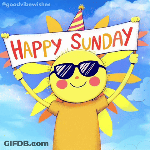 A Sun Wearing Sunglasses And A Party Hat Is Holding A Happy Sunday Banner GIF